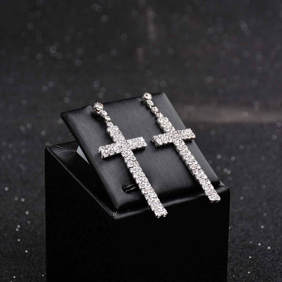 Rhinestone Cross Dangle Stud Earrings for Women Girls Silver Plated Crystal view 3