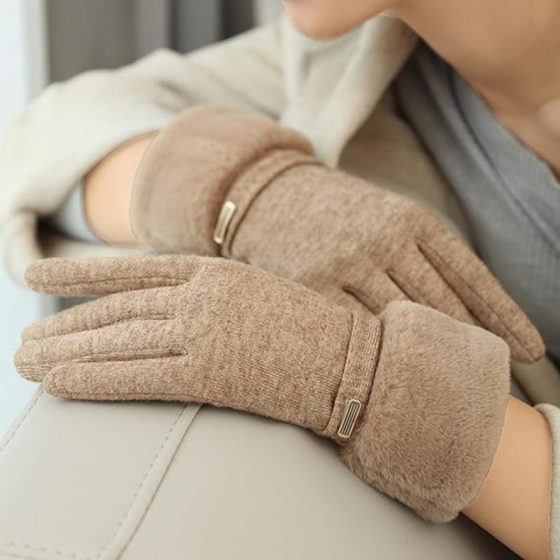 1 Pair Women Gloves Touch Screen Full Finger Solid Color Thickened Imitation view 3