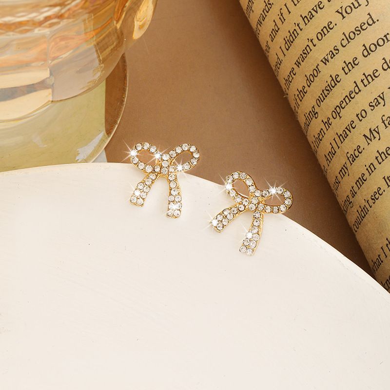 Bow Earrings for Women Pearl Bow Earrings Rhinestone Pearl Pink Bow Earrings view 2