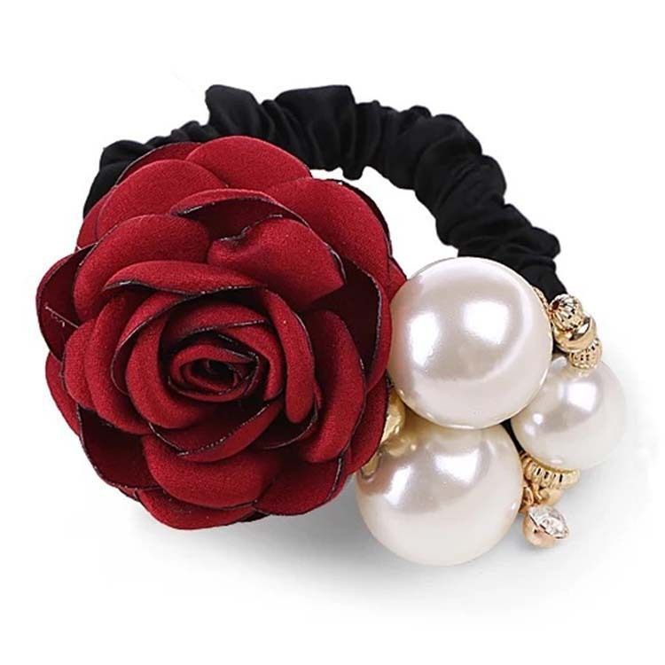 4Pcs Fashion Pearl Hair Rope Rose Flower Rhinestone Hair Ties/ Jewelry Rubber
