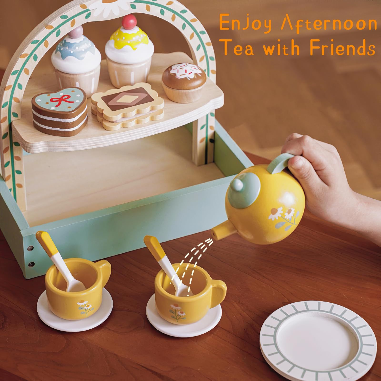 Wooden Dessert Cake Tea Party Set for Little Girls Toys view 3