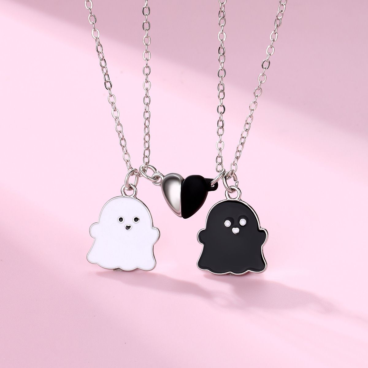 2Pcs Lovely Magnetic Love Heart Ghost Pendant Necklace Set for Women Men Best view 2