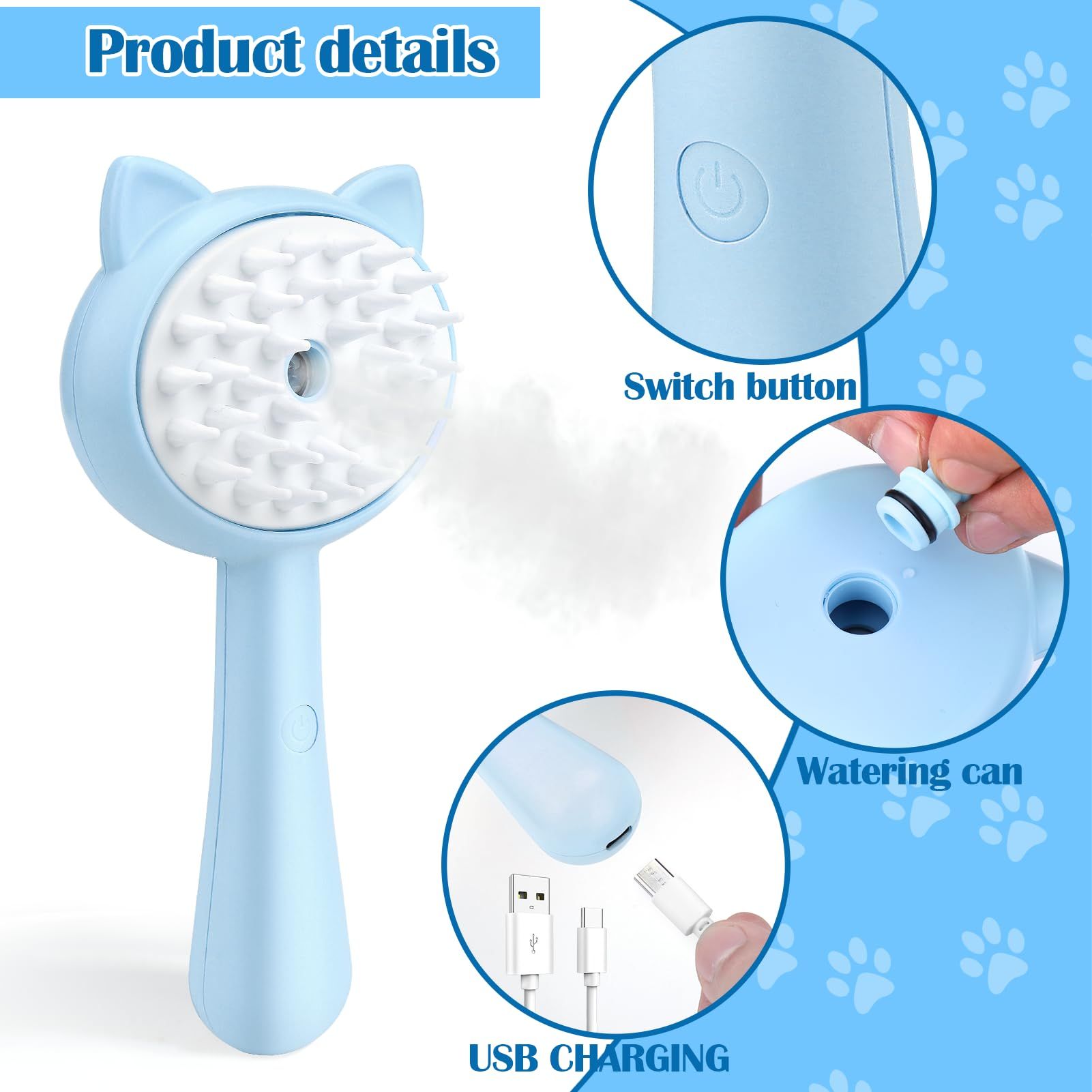 Cat Brush with Handle, Cat Steam Brush for Cat/Dog Hair Grooming with Water view 2