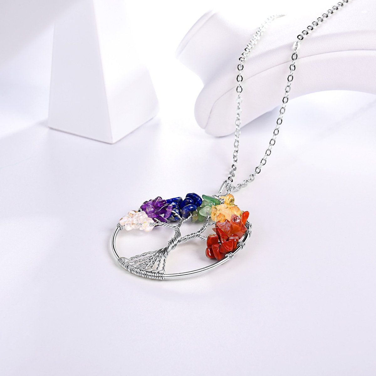 7 Tree of Life Wire Wrapped Link Chain Pendant Necklace Reiki Natural Stone view 2