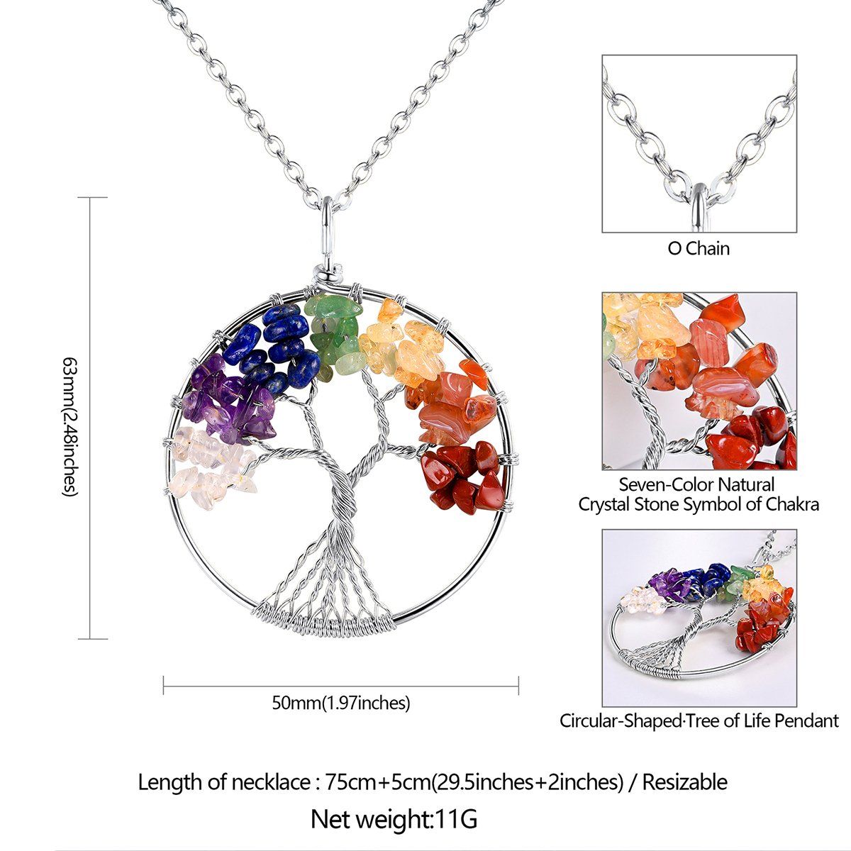 7 Tree of Life Wire Wrapped Link Chain Pendant Necklace Reiki Natural Stone view 3