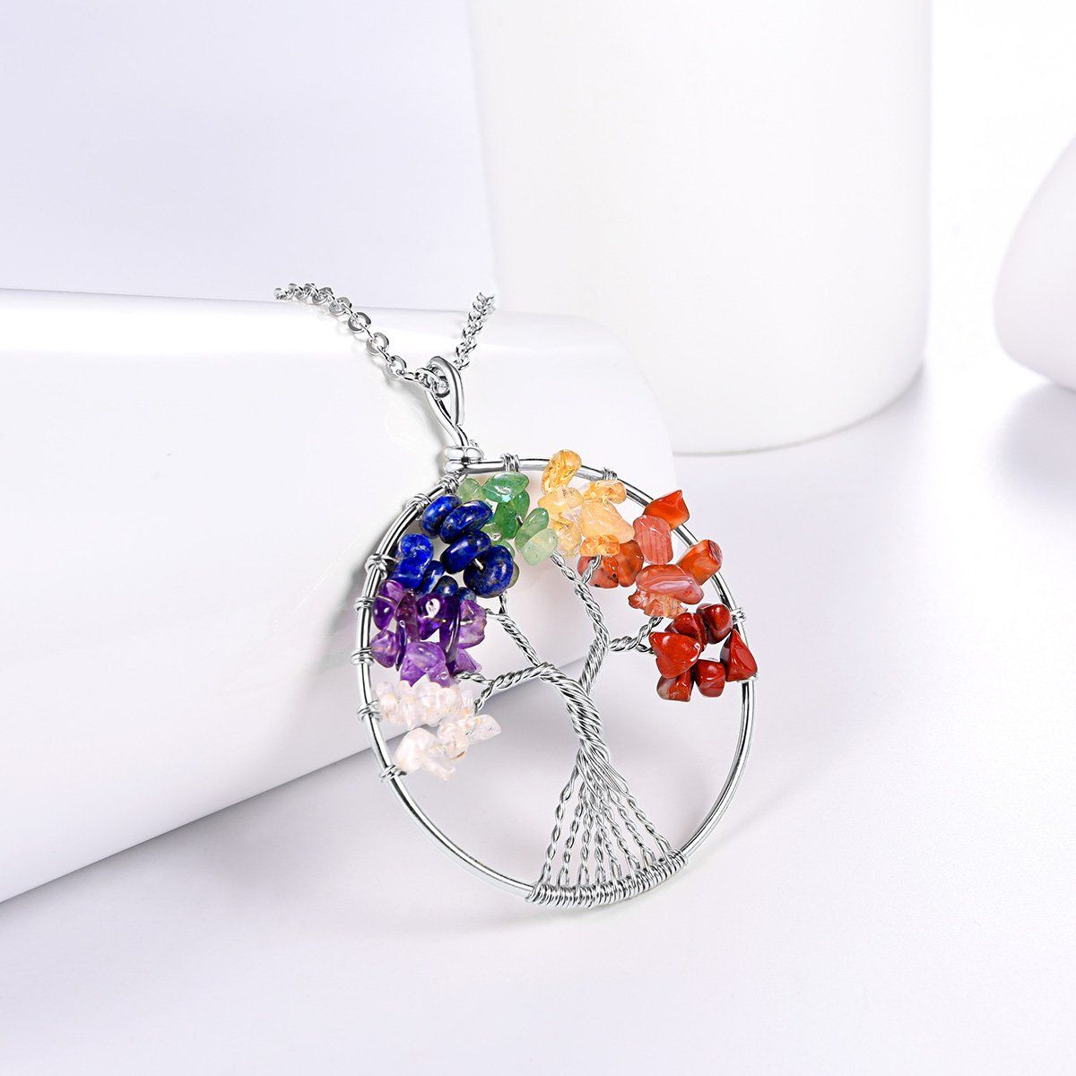 7 Tree of Life Wire Wrapped Link Chain Pendant Necklace Reiki Natural Stone view 5