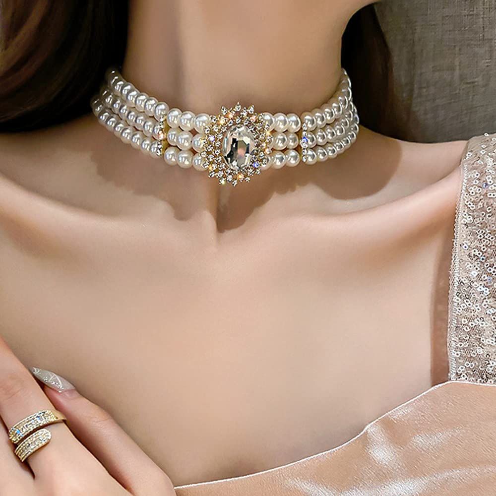 Pearls Short Choker Necklace Chain Multilayer Choker Pendant Necklaces Prom