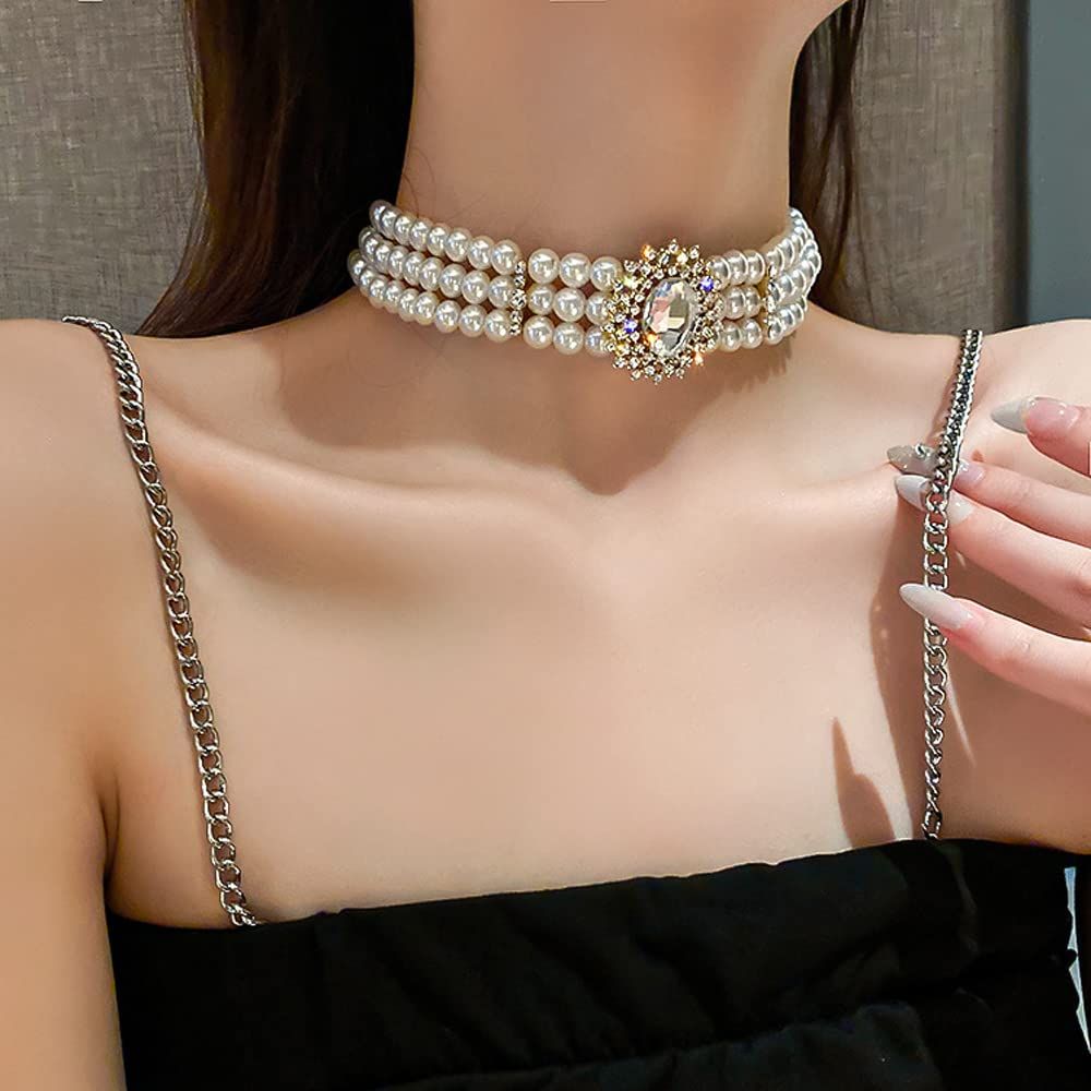 Pearls Short Choker Necklace Chain Multilayer Choker Pendant Necklaces Prom view 3