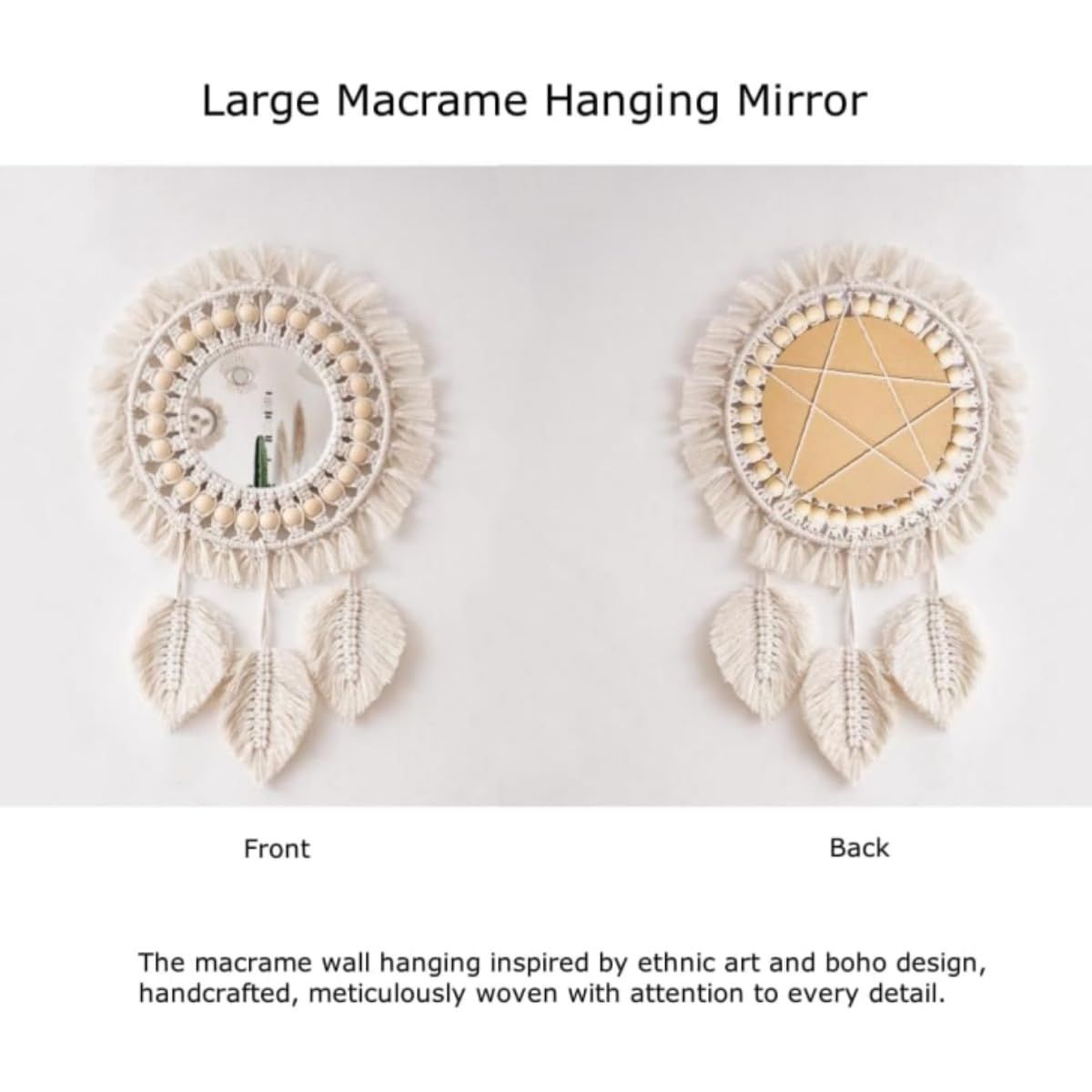 Wall Hanging Mirror, Boho Wall Mirror with Leaf Tassels and Wooden Bead view 4