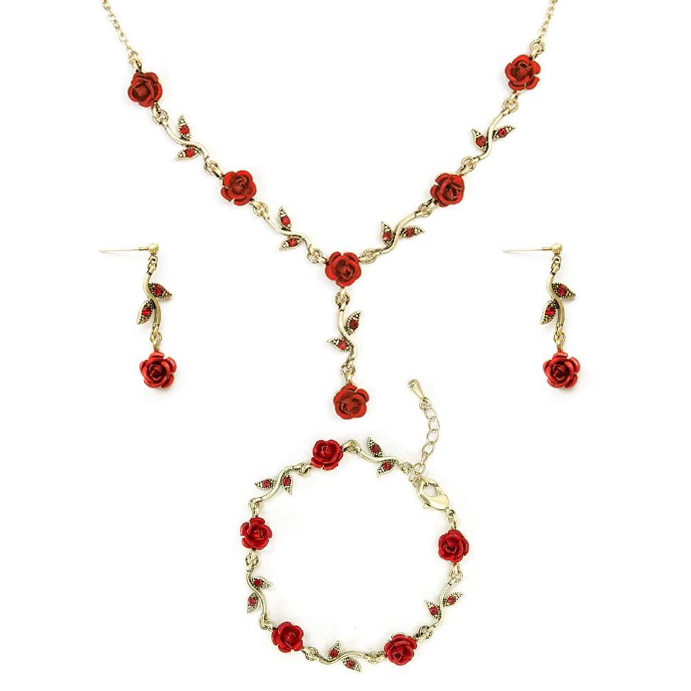 3 PCS Gold Necklace Long Necklace For Women Girls Gold Rose Pendent Bracelet