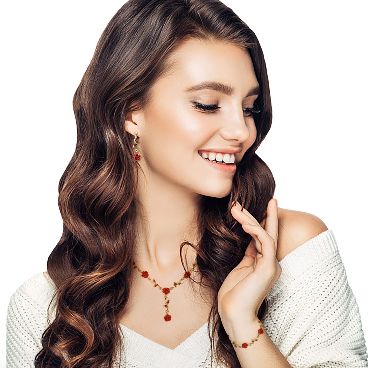 3 PCS Gold Necklace Long Necklace For Women Girls Gold Rose Pendent Bracelet view 2