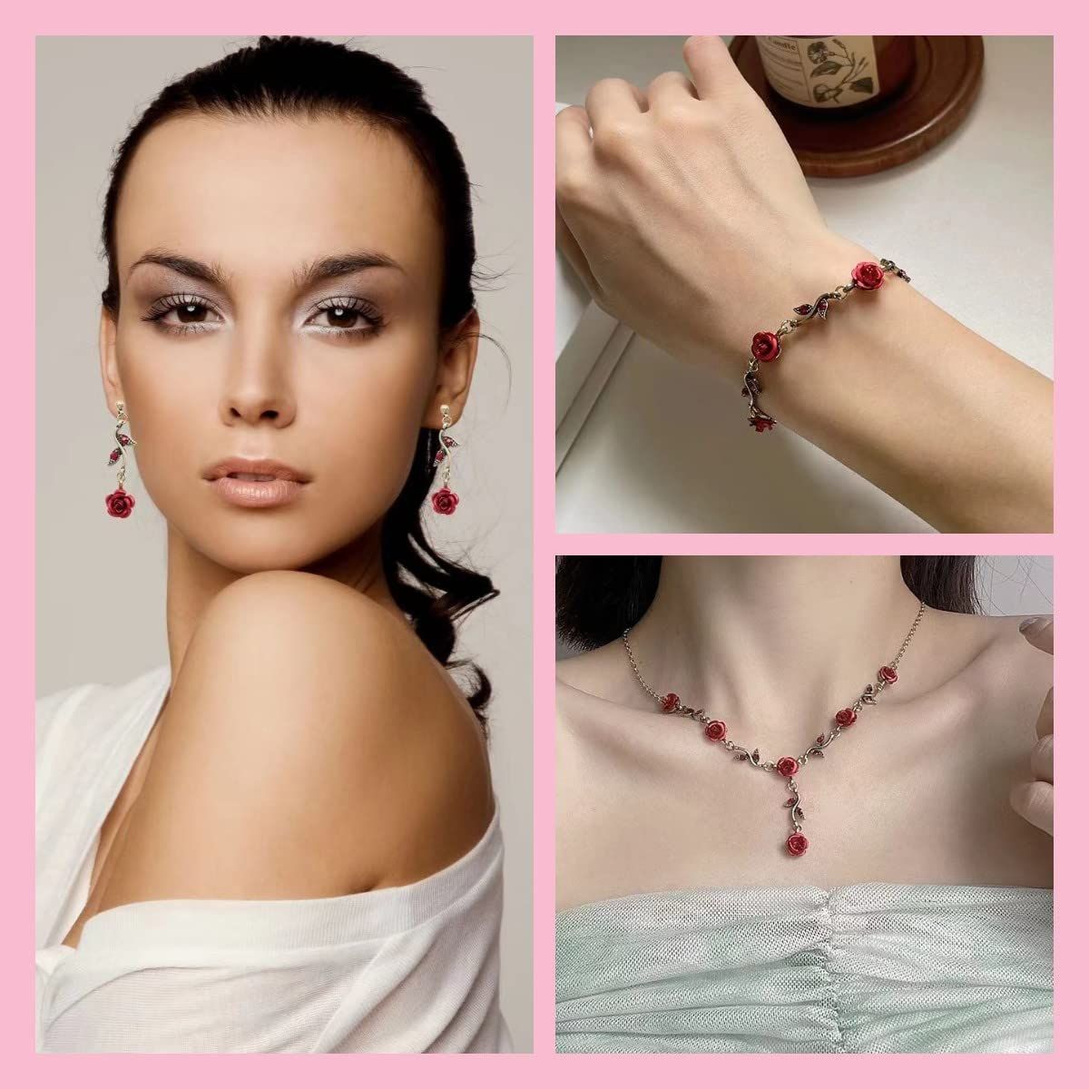 3 PCS Gold Necklace Long Necklace For Women Girls Gold Rose Pendent Bracelet view 5