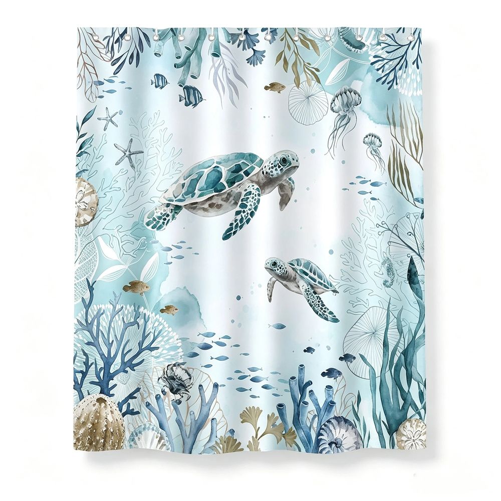 Sea Turtle Shower Curtain for Bathroom Teal Blue Ocean Beach Coastal