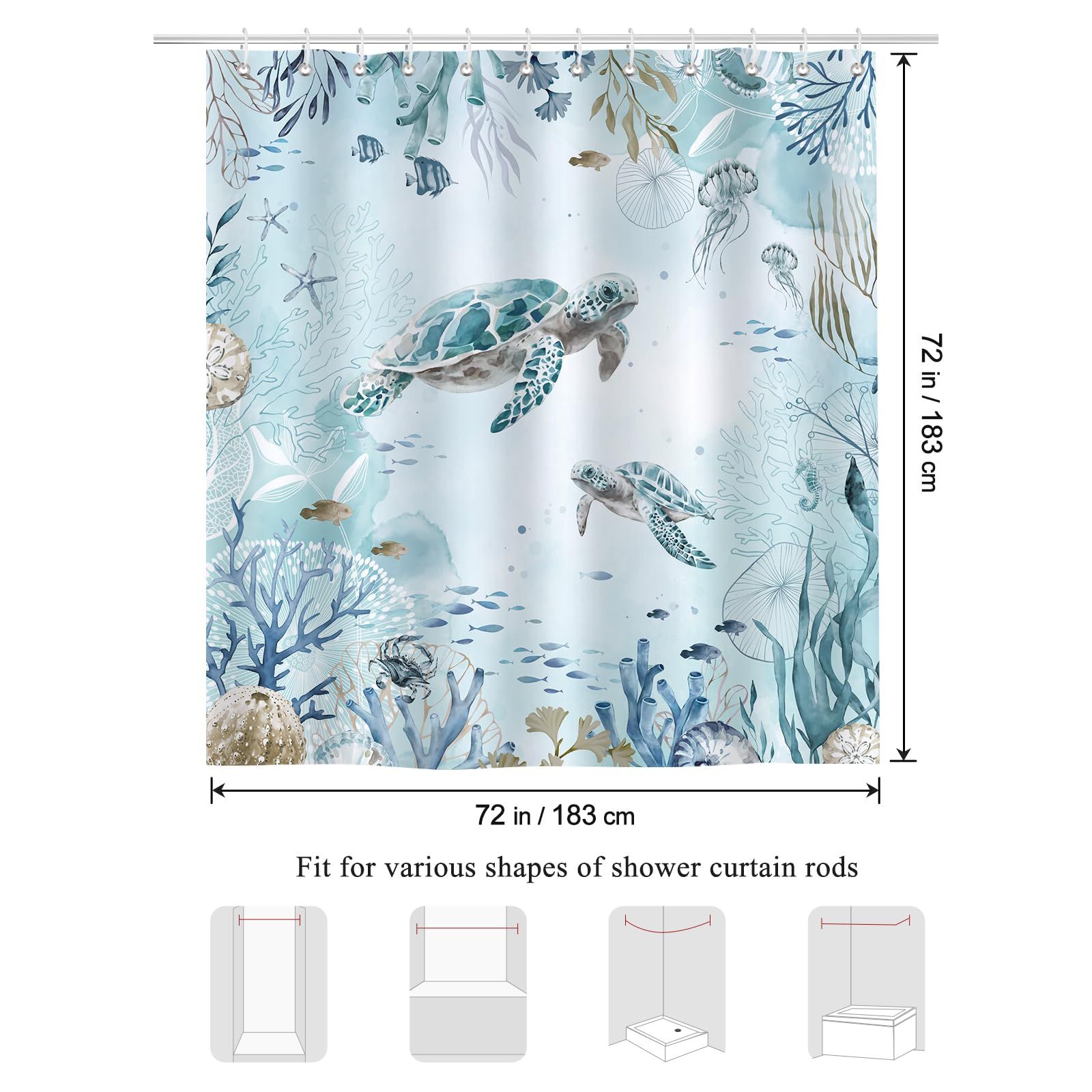 Sea Turtle Shower Curtain for Bathroom Teal Blue Ocean Beach Coastal view 4