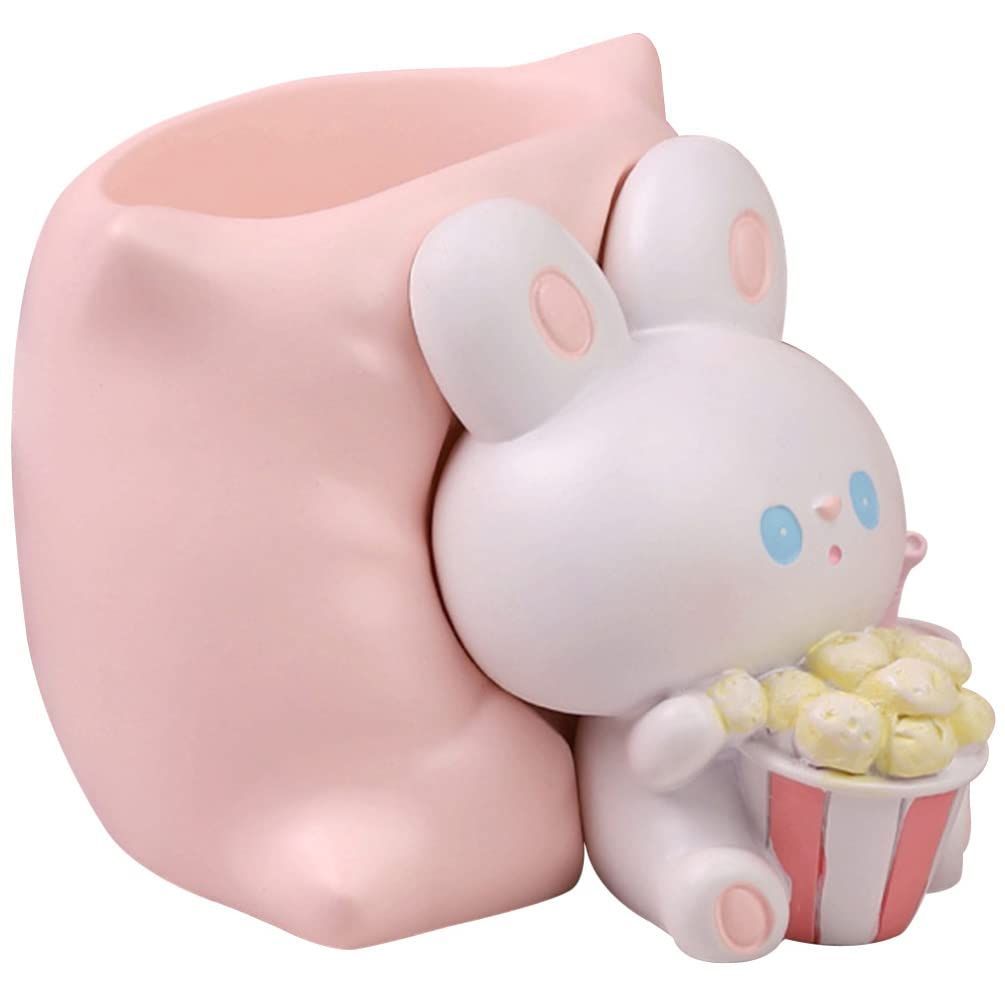 Cute Rabbit Pen Holder Bunny Popcorn Pen Holder Kawaii Resin Animal Makeup — image 1