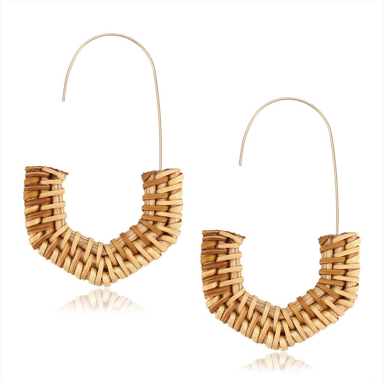 Rattan Earrings for Women Handmade Straw Wicker Braid Hoop Earrings