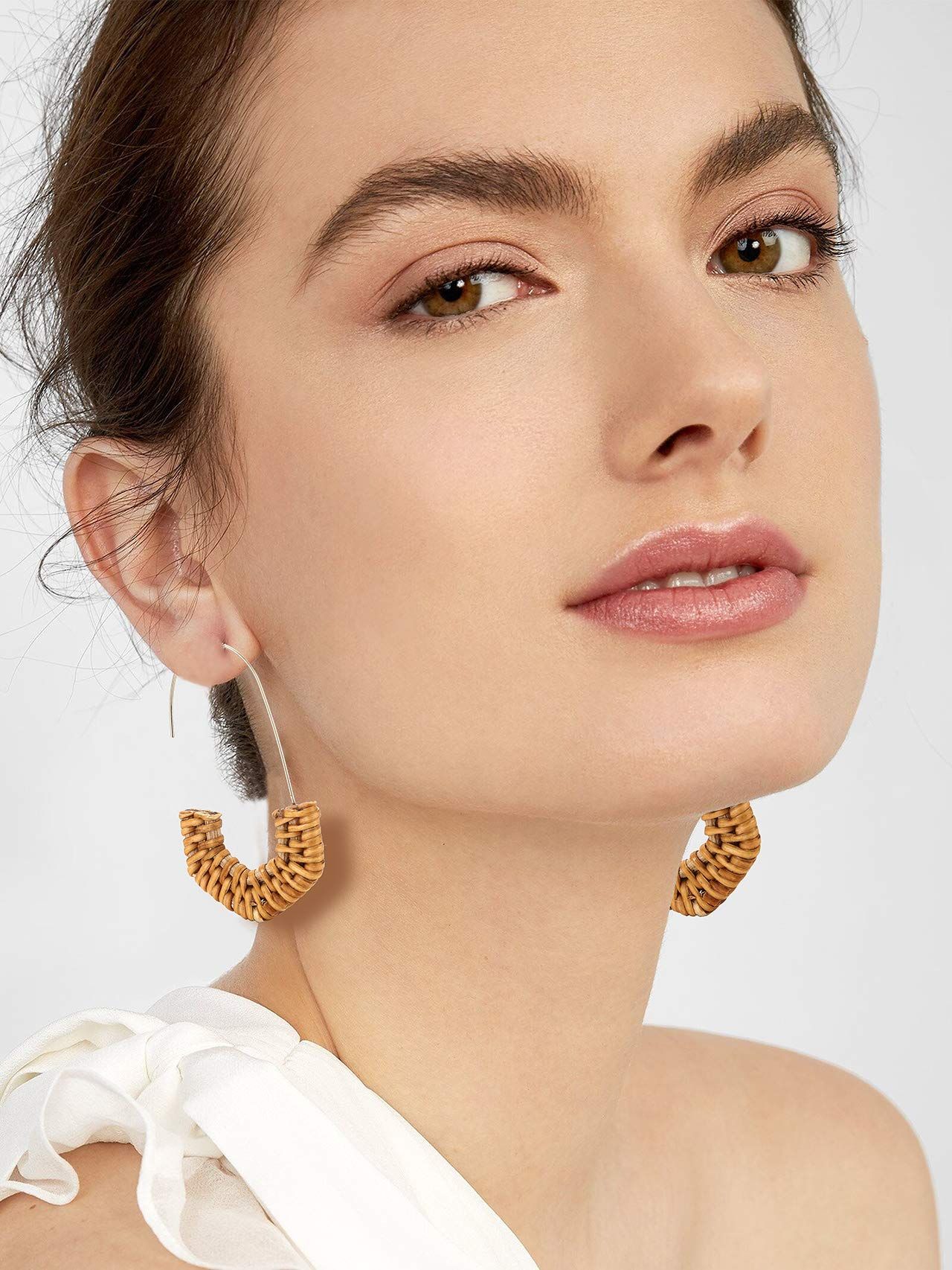Rattan Earrings for Women Handmade Straw Wicker Braid Hoop Earrings view 2