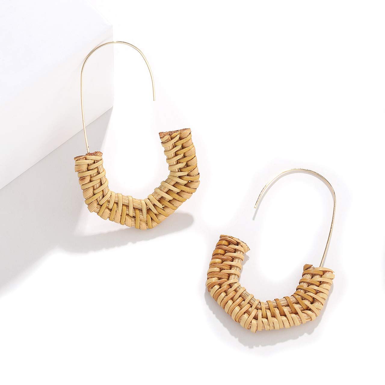 Rattan Earrings for Women Handmade Straw Wicker Braid Hoop Earrings view 3