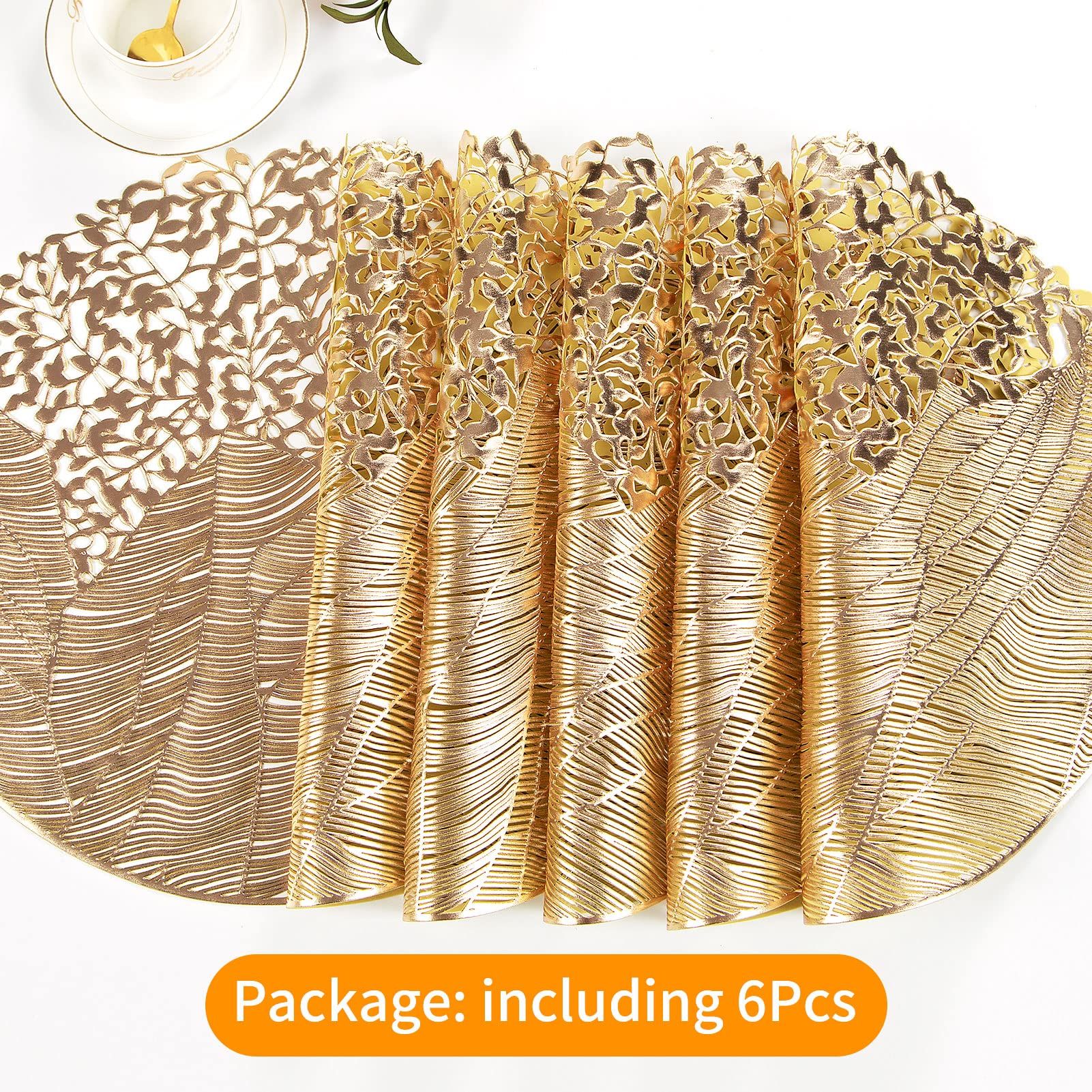 Round Vinyl Placemats Set of 6 Gold Leaf Table Mats 6pcs Indoor Outdoor Hollow view 4