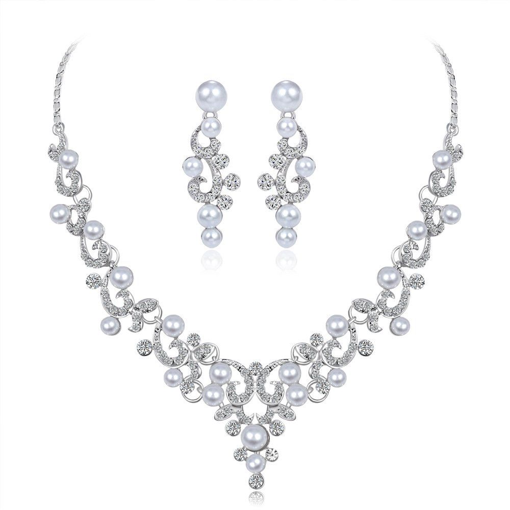 Wedding Bridal Jewelery Set Crystal Simulated Pearl Necklace Dangle Earrings