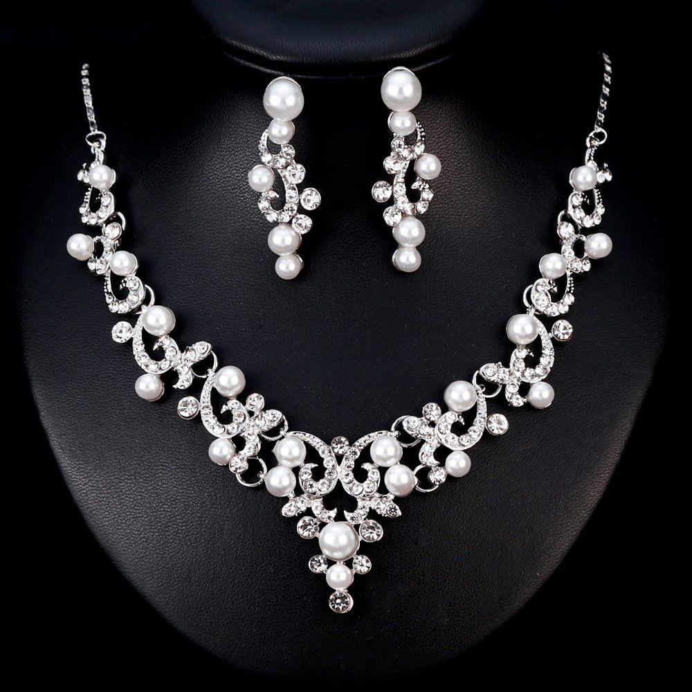 Wedding Bridal Jewelery Set Crystal Simulated Pearl Necklace Dangle Earrings view 4