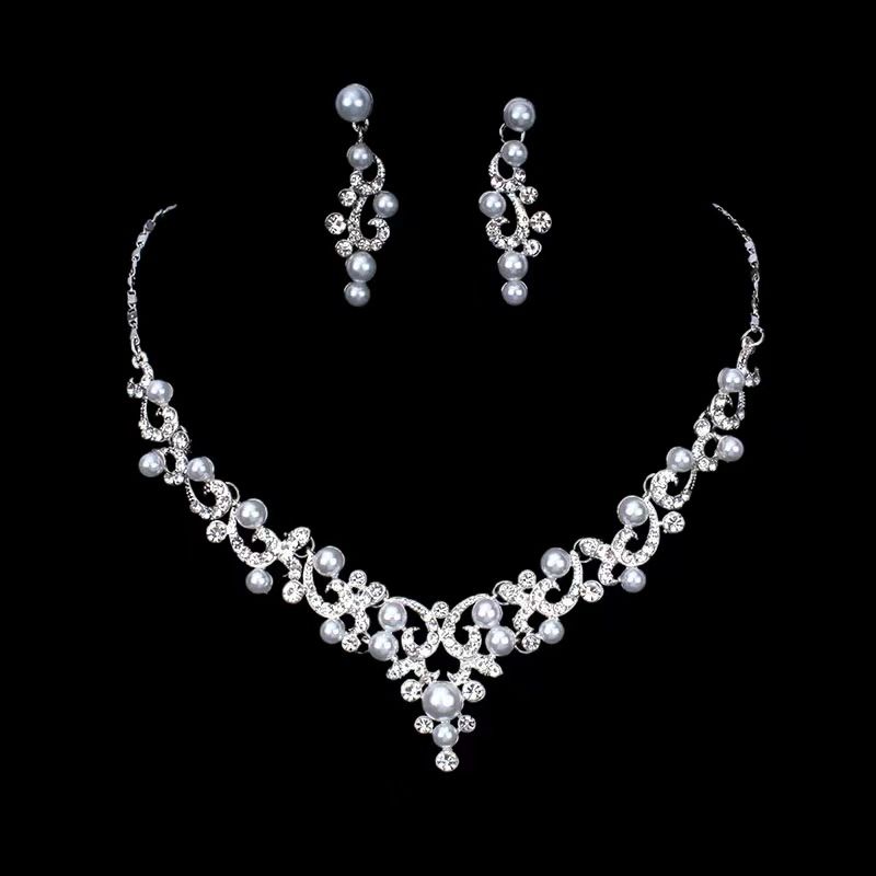 Wedding Bridal Jewelery Set Crystal Simulated Pearl Necklace Dangle Earrings view 5