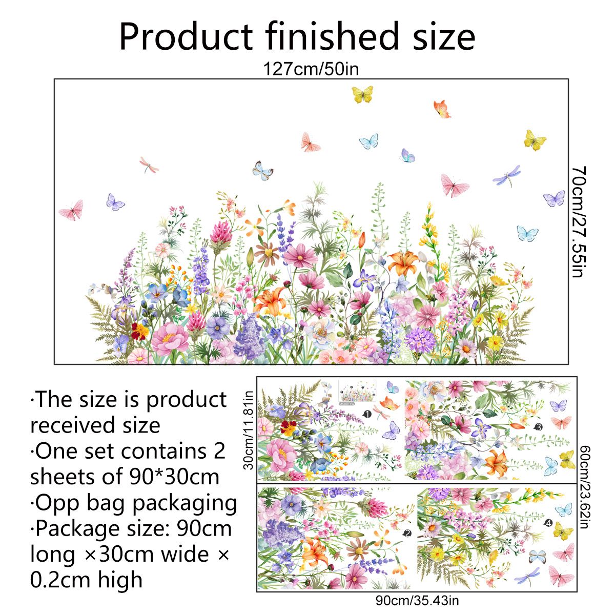 Colorful Floral Wall Decals Wildflowers Flower Wall Stickers Butterfly Green view 4