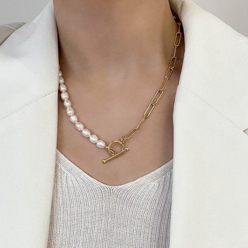 Pearl Necklace Vintage Chunky Link Chain Cultured Pearls Gold Choker Fashion view 5