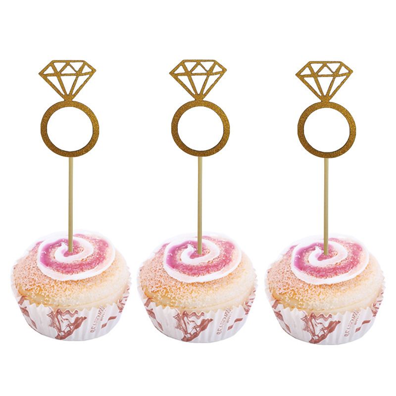 Gold Glitter Cupcake Toppers Mini Diamond Ring Cakes Toppers for Wedding view 3