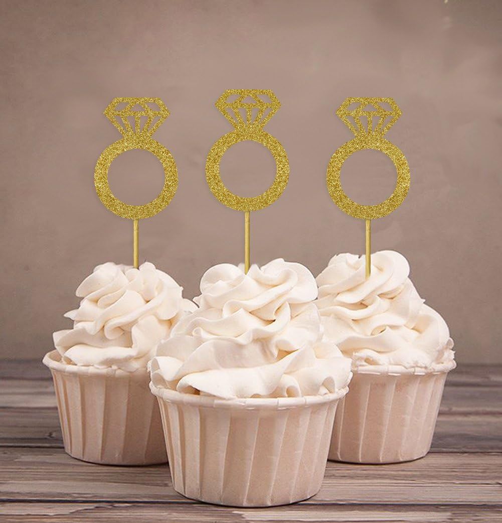 Gold Glitter Cupcake Toppers Mini Diamond Ring Cakes Toppers for Wedding view 4