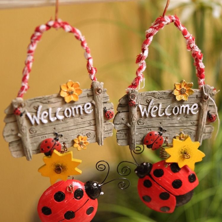 2pcs Ladybug Welcome Sign Outdoor Wreath Hanger Rustic Home Decor Spring Front view 4