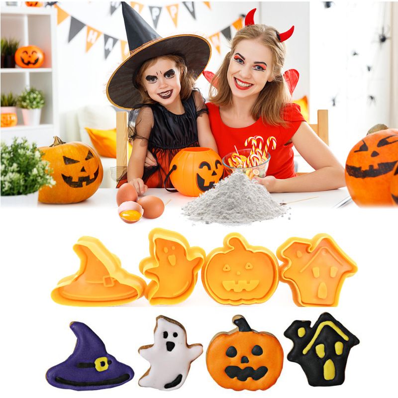 Halloween 4Pcs Pumpkin Ghost Plastic Cookie Cutter 3D Biscuit Molds for Baking view 3