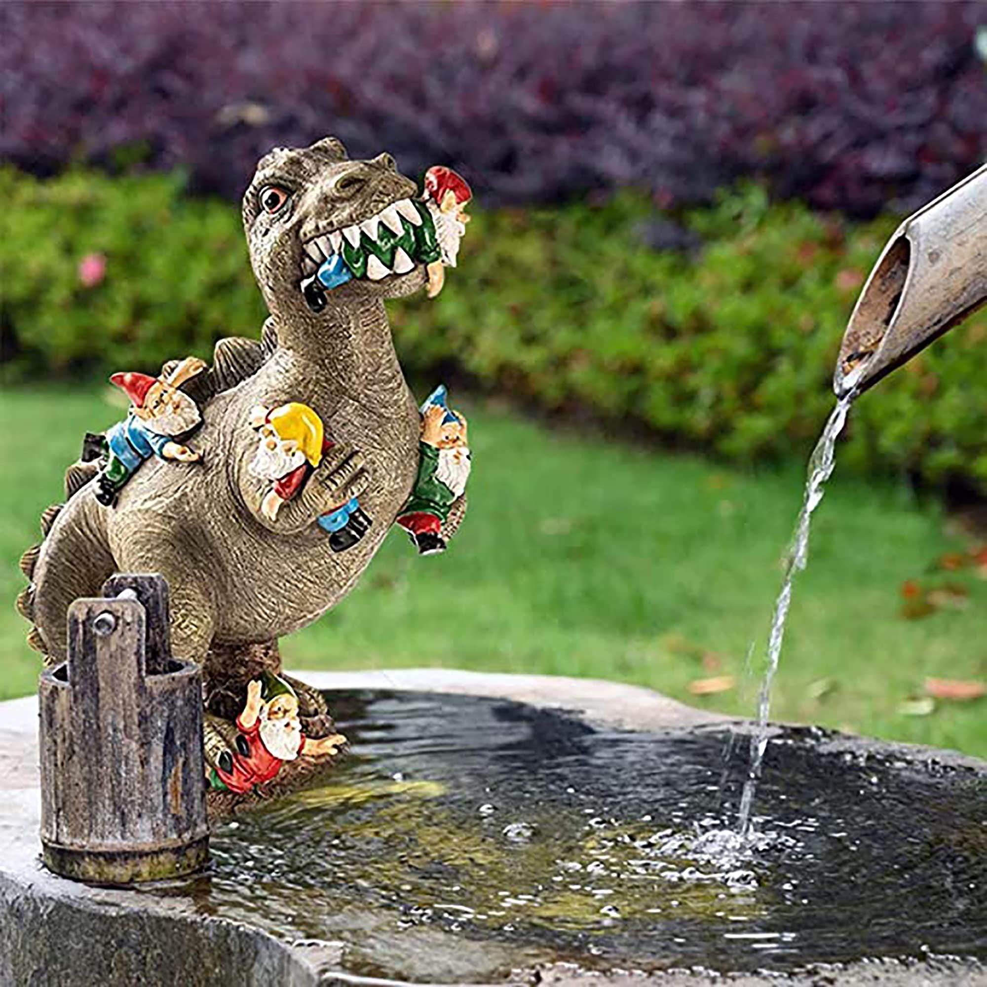 Dinosaur Eating Gnomes Statue view 2