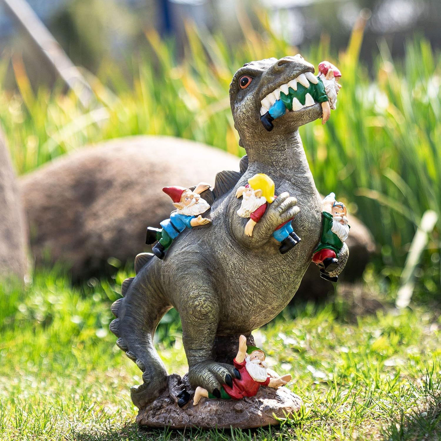 Dinosaur Eating Gnomes Statue view 3