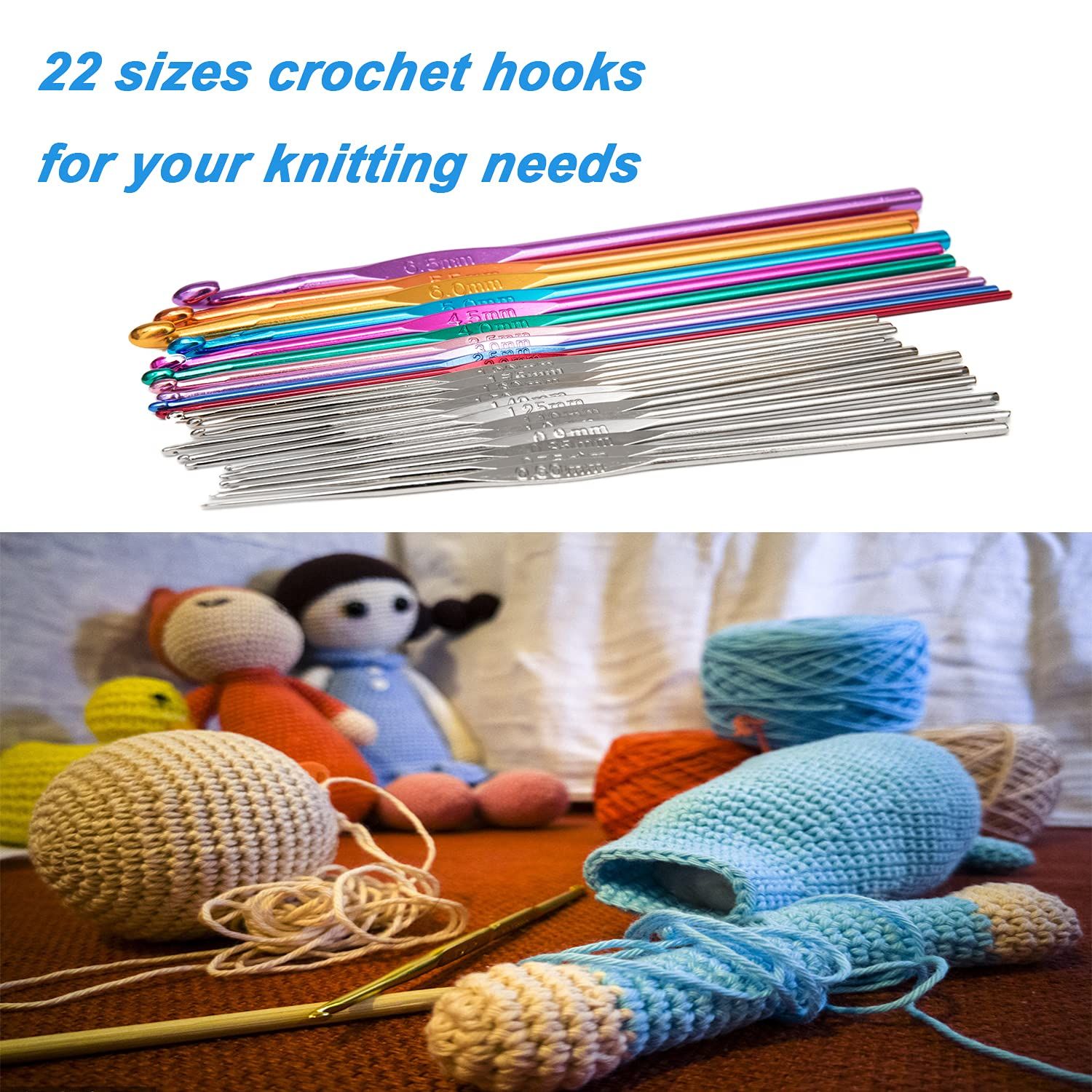 22Pcs Crochet Hooks Set, Aluminum Handle Knitting Needles, Multicolor Crochet view 2