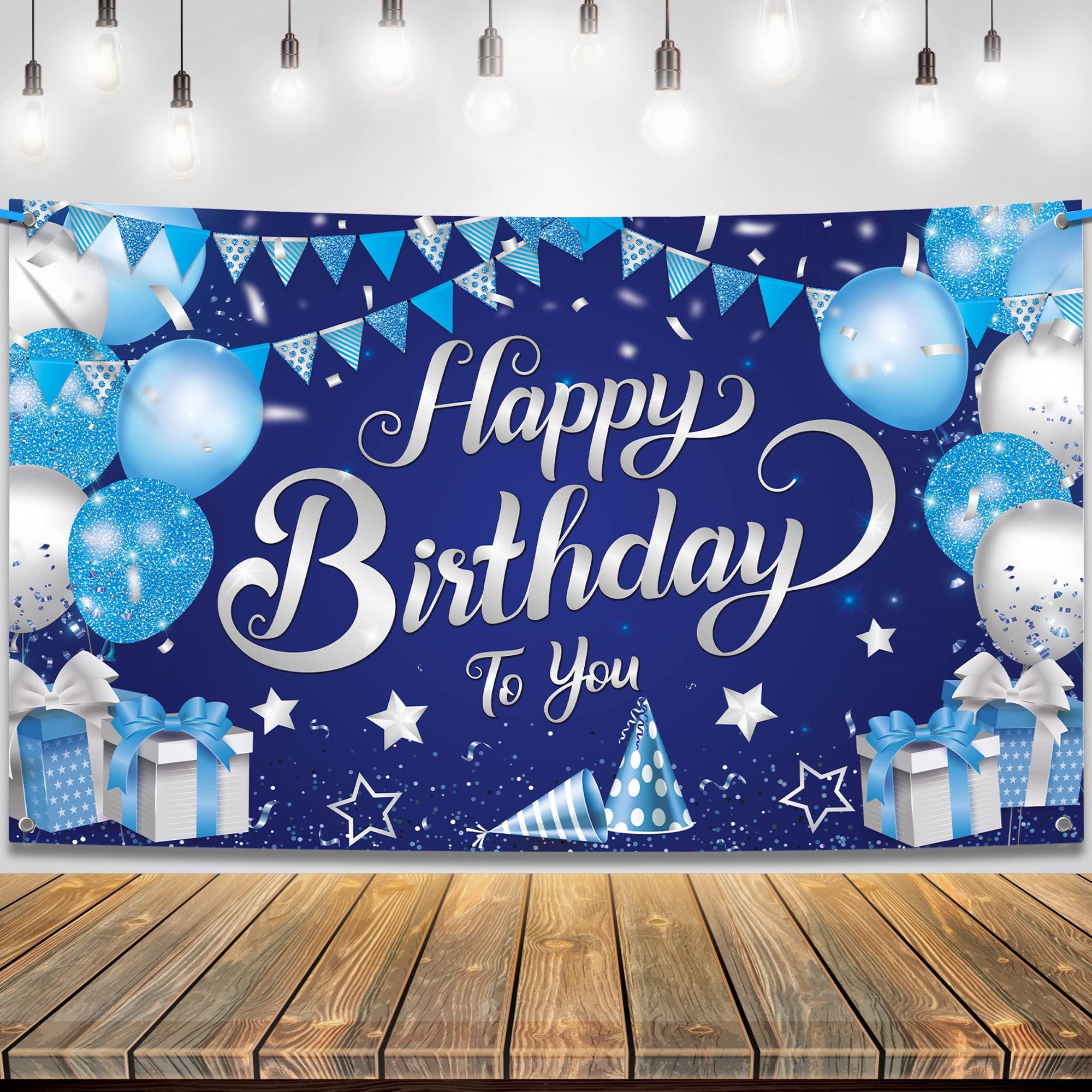 Silver and Blue Happy Birthday Backdrop