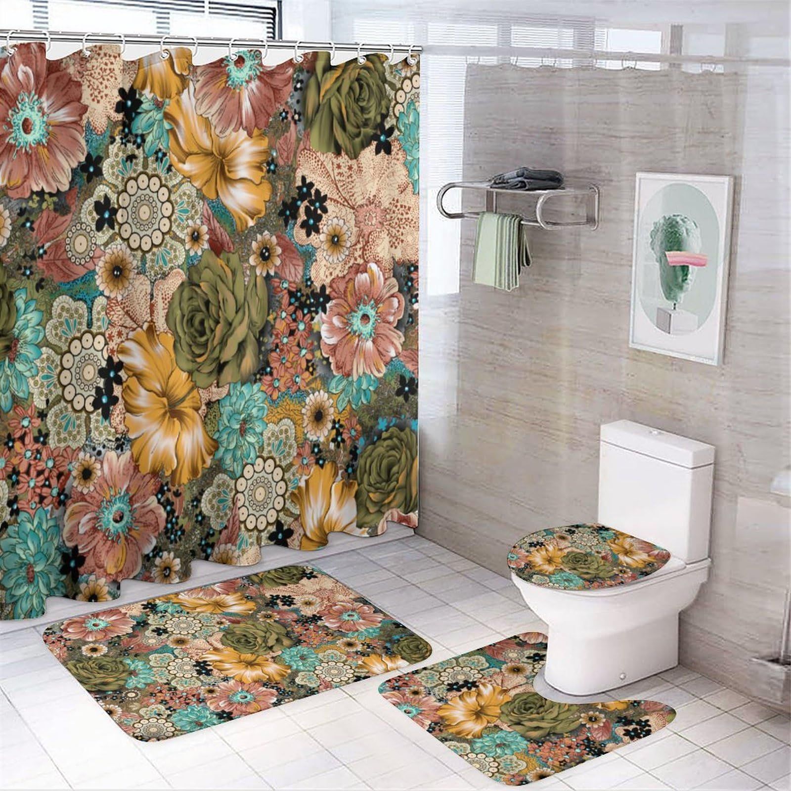 Watercolor Boho Flowers Shower Curtain Sets 4 Piece