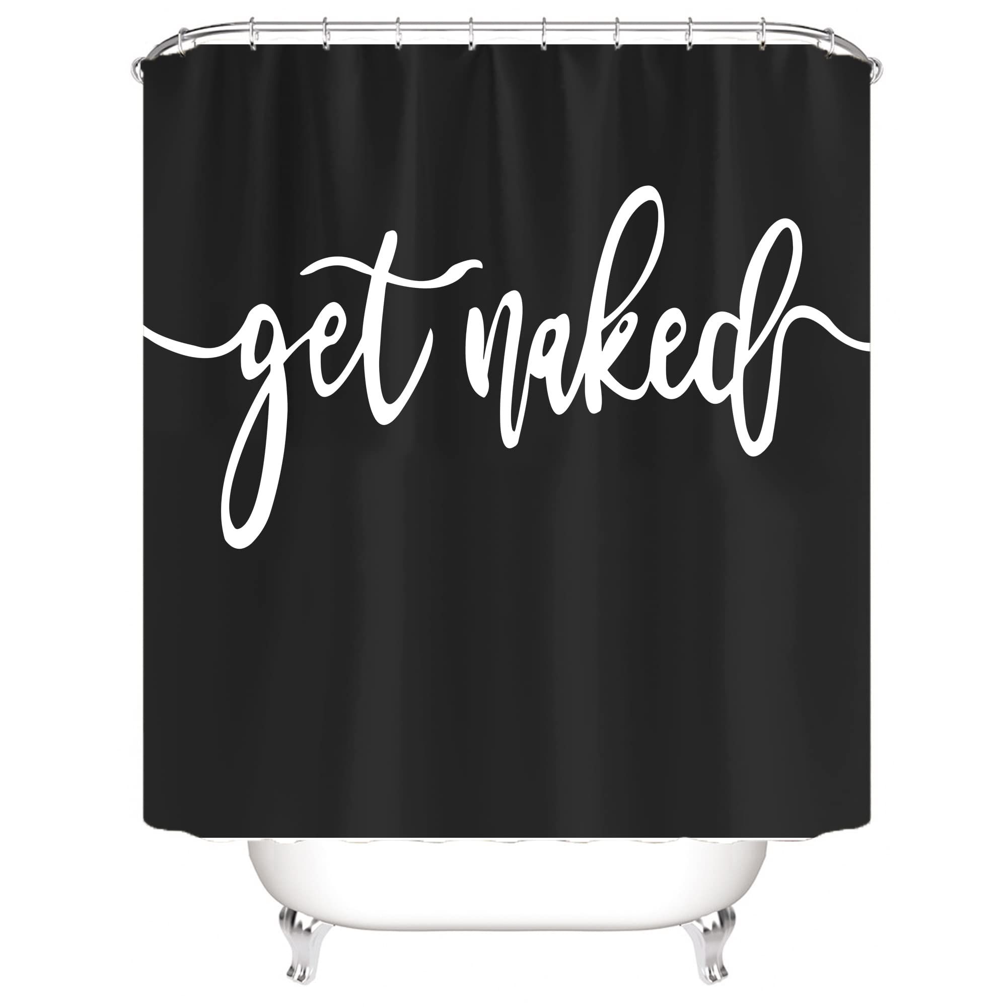 Trendy Shower Curtain White Waffle Funny Words Get Naked on Black Background