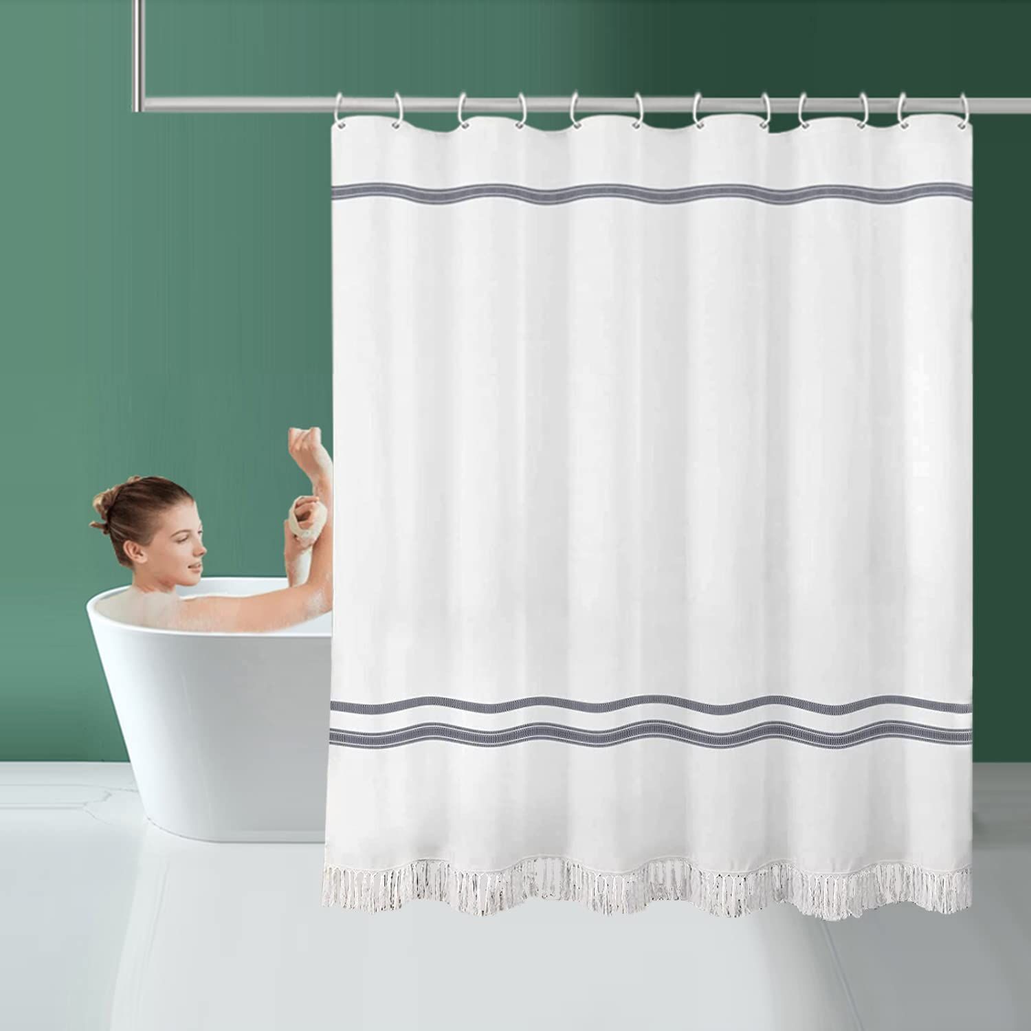 White Shower Curtain, Tassel Shower Curtain Shower Curtain with 12 Hooks, for view 4