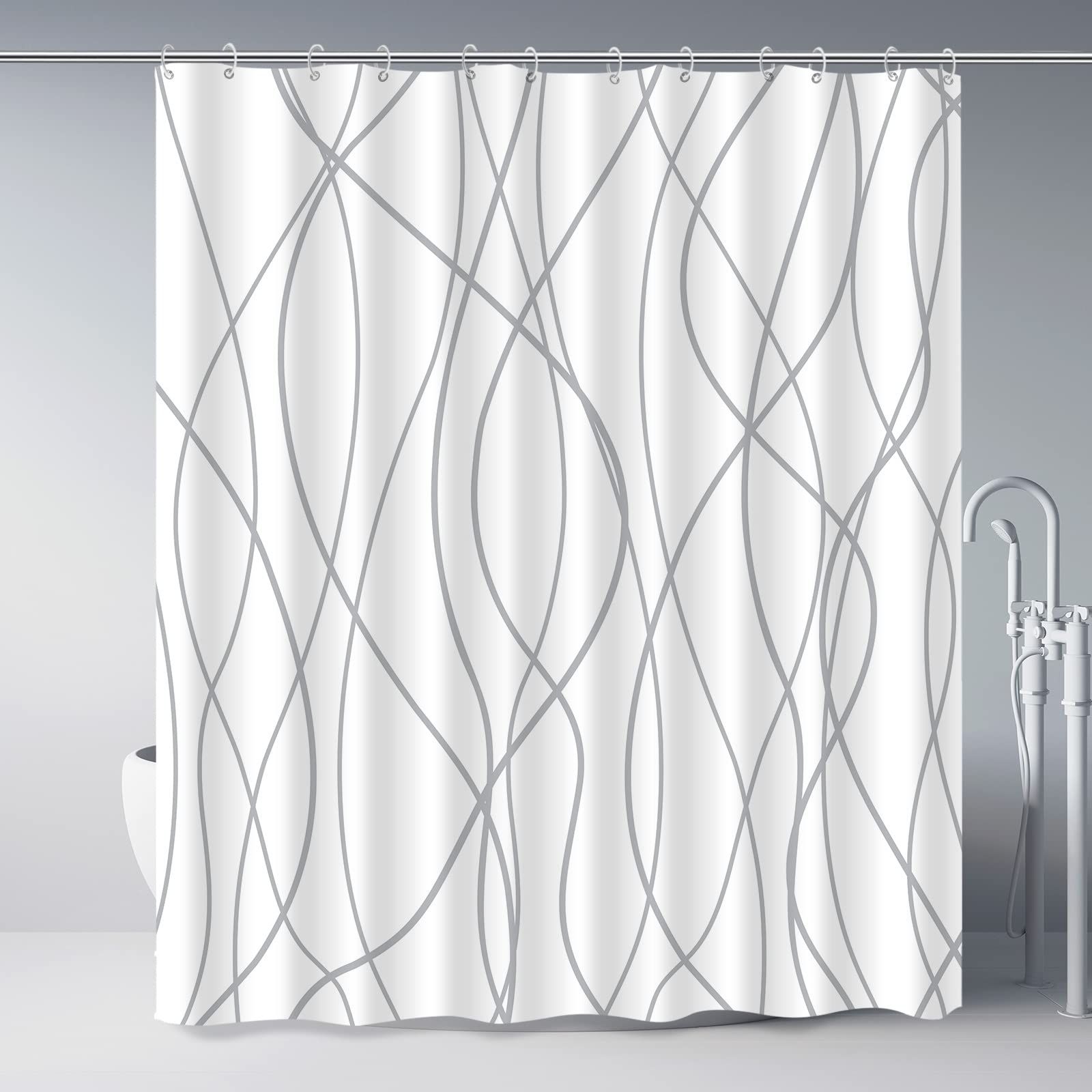 Grey and White Striped Fabric Shower Curtain for Bathroom with 12 Hooks