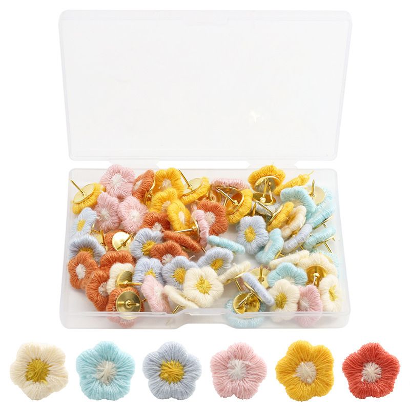 60pcs Embroidered Flower Pins Desk Accessories Cute Pushpins Cat Tape — image 1
