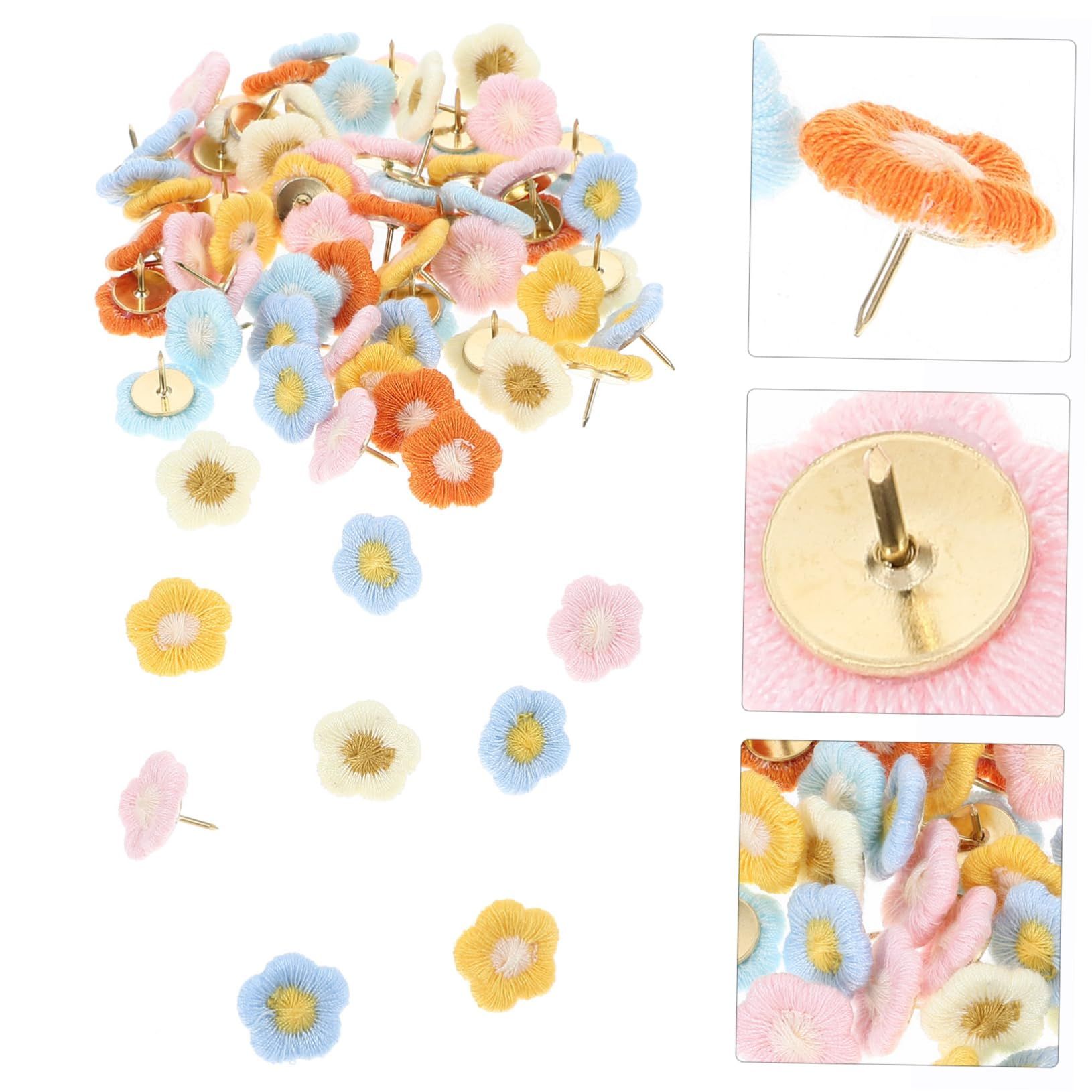60pcs Embroidered Flower Pins Desk Accessories Cute Pushpins Cat Tape view 3