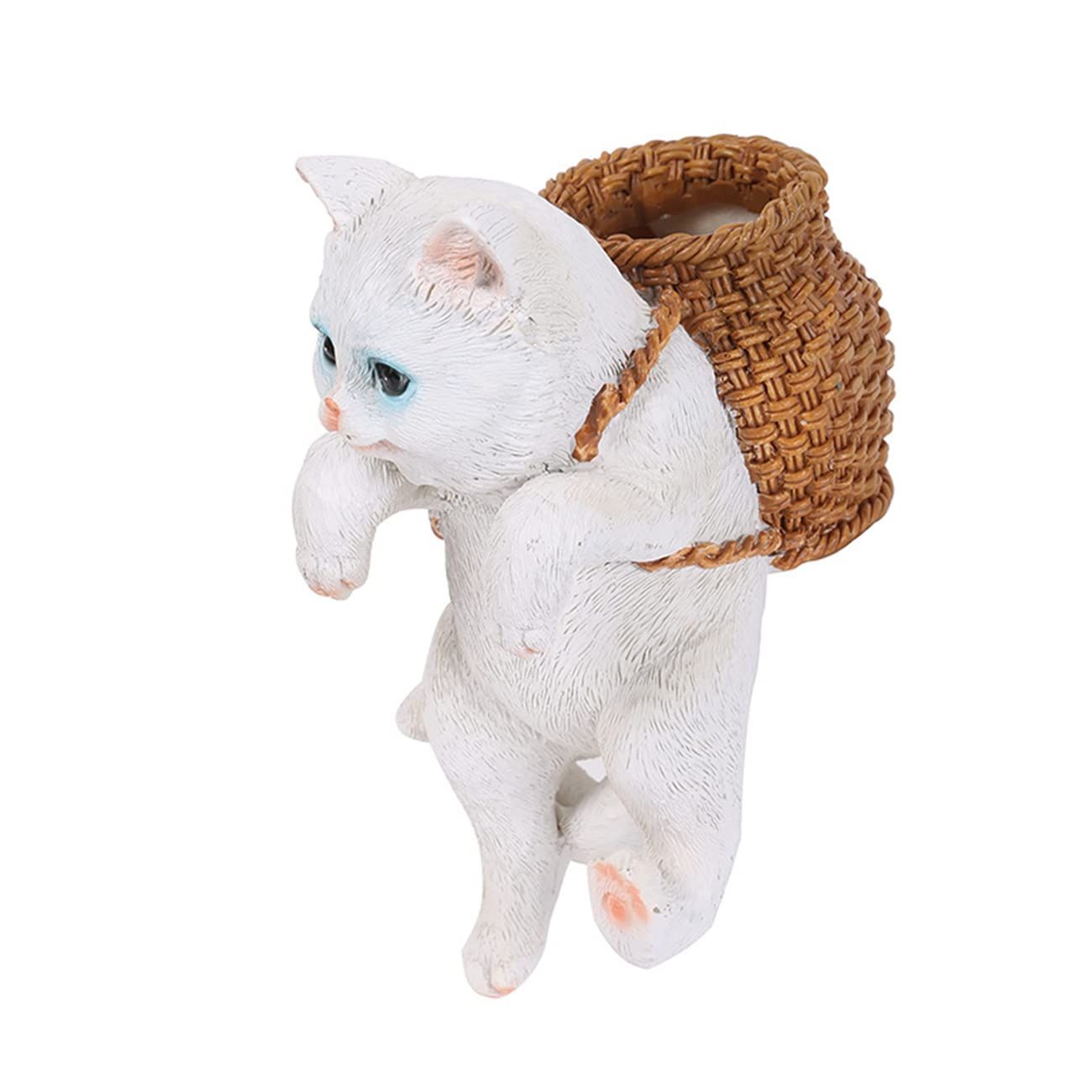 Planter Pot Hanger, Cute White Cat Outdoor Statues with Basket for Flower Pot — image 1