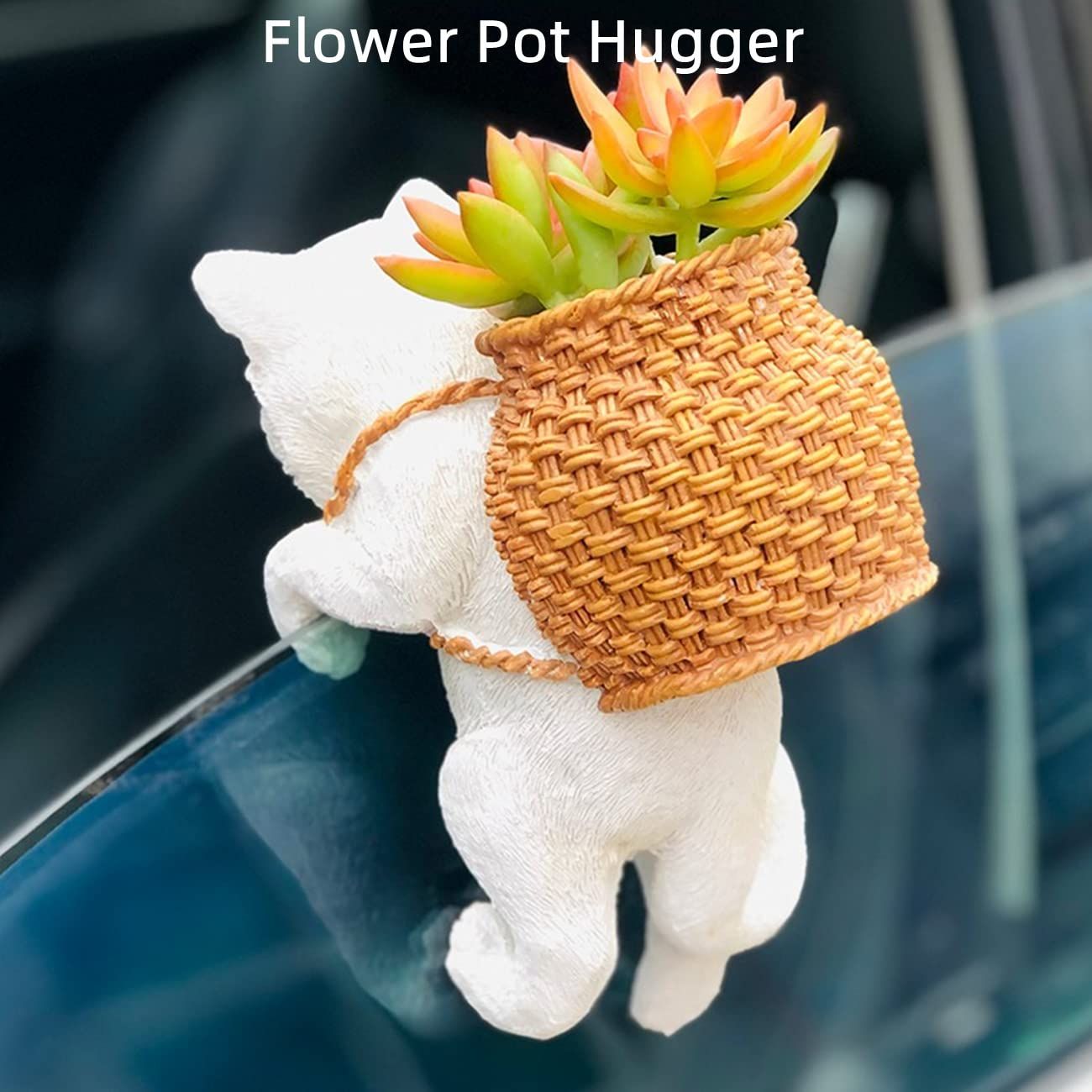 Planter Pot Hanger, Cute White Cat Outdoor Statues with Basket for Flower Pot view 3