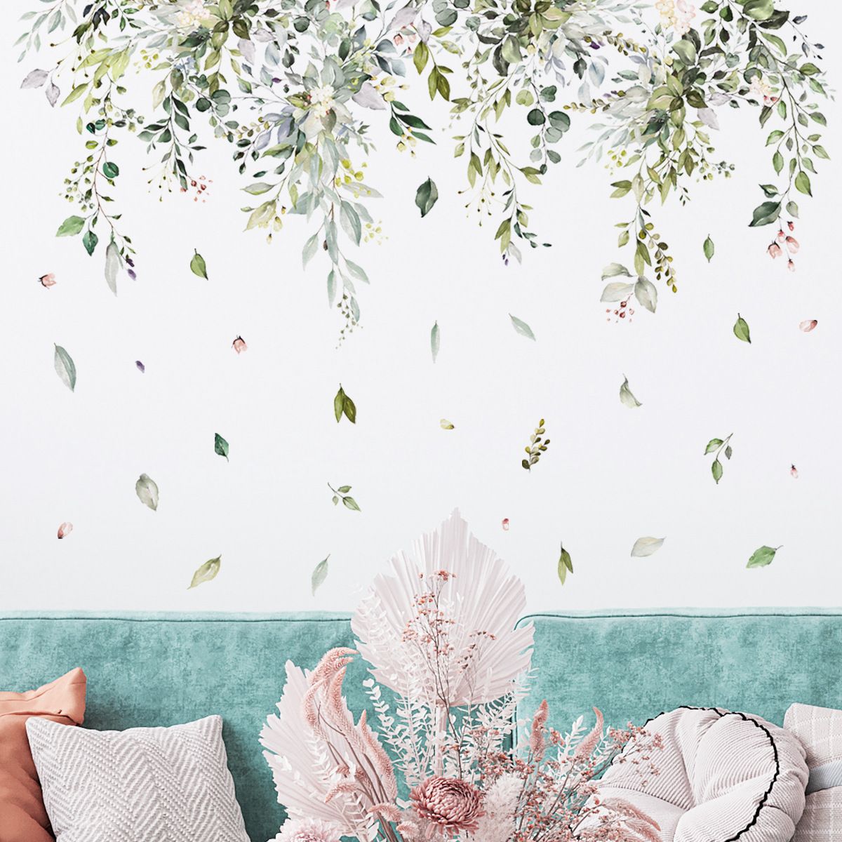 Green Hanging Vine Wall Stickers - Nature Plants Flower Leaves Wall Decals — image 1