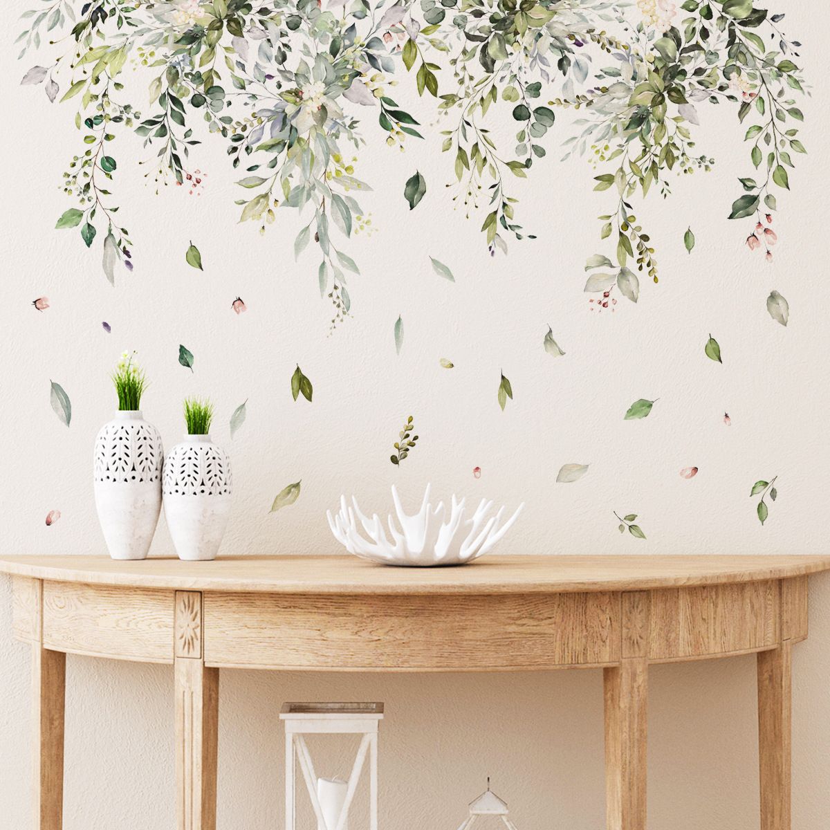 Green Hanging Vine Wall Stickers - Nature Plants Flower Leaves Wall Decals view 2