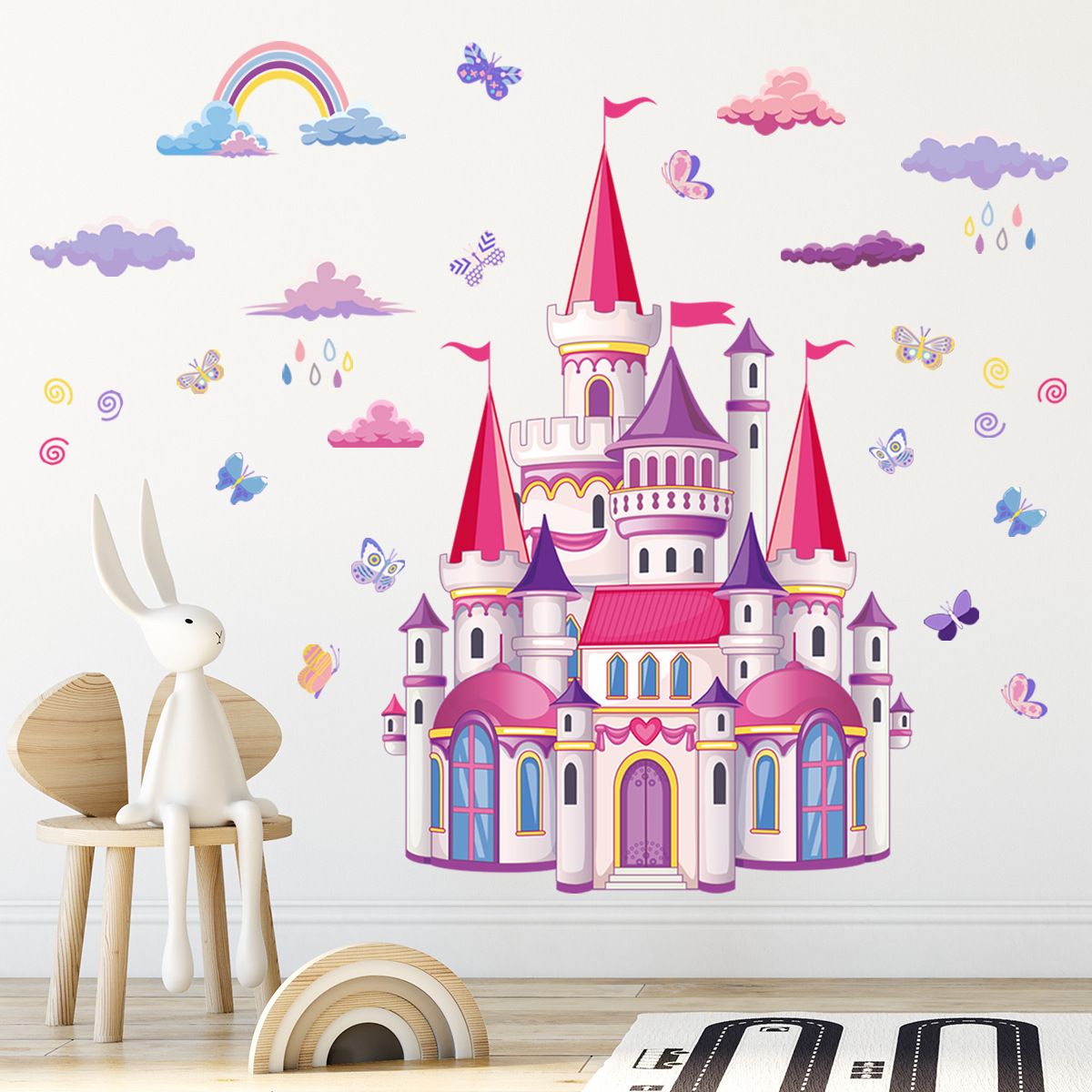 Cartoon Castle Wall Decal Colorful Rainbow Clouds Butterfly Wall Stickers view 3