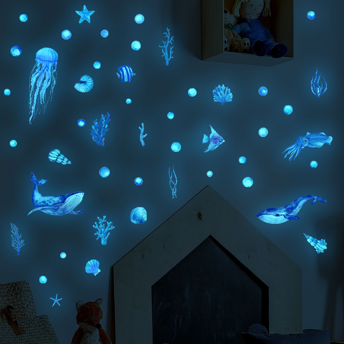 Ocean Wall Art Decals Blue Glow in the Dark Sea Themed Stickers Jellyfish view 5