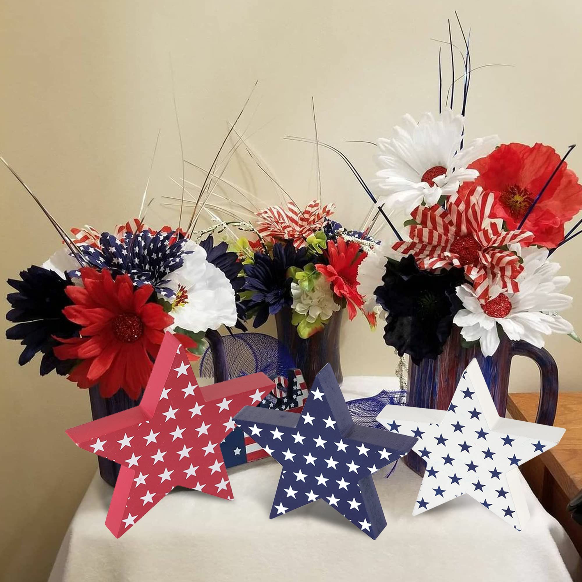 3 Pieces Independence Day Wooden Star Signs Patriotic Wooden Star Standing view 4
