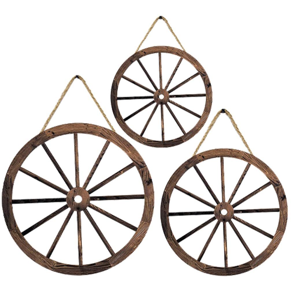 Home Decor 3pcs Wooden Wagon Wheel Wall Decor Old Western Style Wood Wagon — image 1